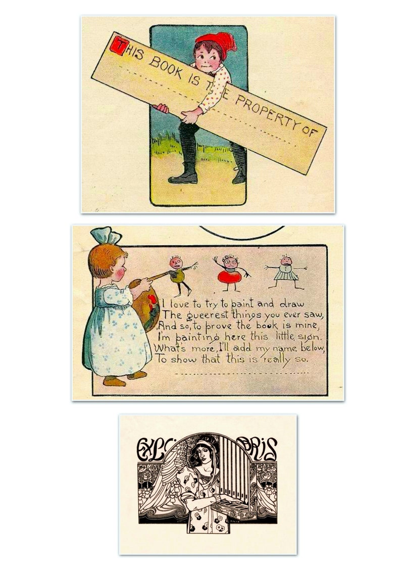May include: A vintage illustration of a child holding a sign that says "This book is the property of". The child is wearing a red hat and a white shirt. The illustration is in a cartoon style.
