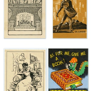 May include: Four vintage bookplates featuring illustrations of a fireplace with bookshelves, a man walking in a city, a person reading in a chair, and a cartoon worm with a magnifying glass looking at a book. The text on the bookplates reads "Ex Libris" and "As for me, give me a book!"