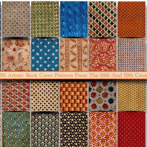 Könnte beinhalten: Eine Sammlung von 50 künstlerischen Buchumschlaggmustern aus dem 18. und 19. Jahrhundert. Die Muster sind eine Mischung aus geometrischen, floralen und abstrakten Designs in einer Vielzahl von Farben.