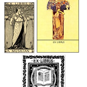 May include: Three black and white illustrations of bookplates. The first features a woman playing a violin with the text "Ex Libris Of A Musician". The second features a woman standing in a doorway with the text "Ex Libris". The third features a book with a snake wrapped around it and the text "Ex Libris".
