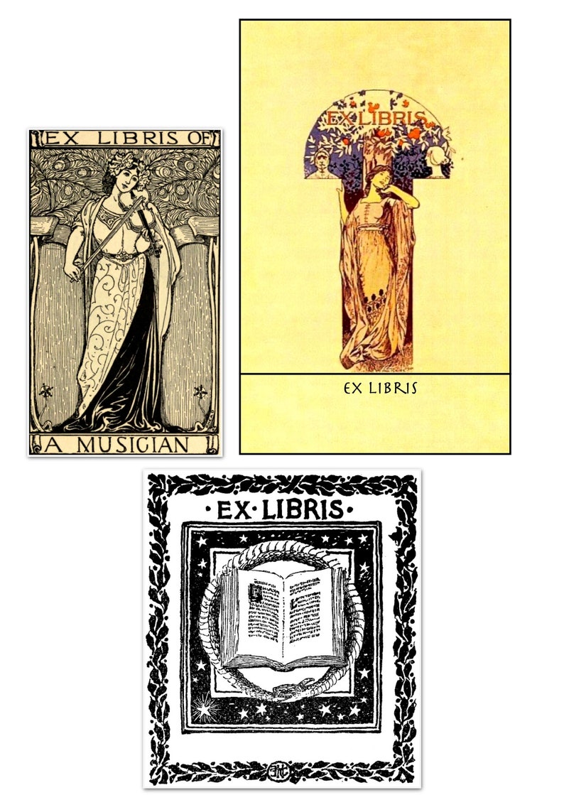 May include: Three black and white illustrations of bookplates. The first features a woman playing a violin with the text "Ex Libris Of A Musician". The second features a woman standing in a doorway with the text "Ex Libris". The third features a book with a snake wrapped around it and the text "Ex Libris".