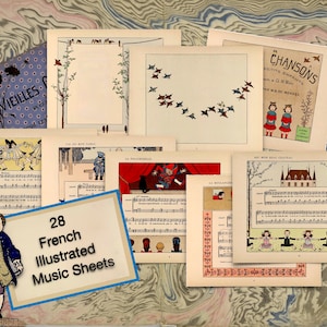 28 partituras francesas vintage bellamente ilustradas, hojas de collage imprimibles, perfectas para diarios basura, álbumes de recortes y proyectos de manualidades.