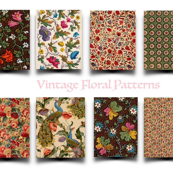 Vintage Floral Patterned Background Papers, 33 Digital Scrapbook Papers,  3 Ephemera Pages, Junk Journal, Scrapbook, Art and Craft Projects