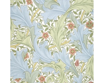 May include: A repeating pattern of stylized leaves and flowers in shades of green, blue, and red on a white background.