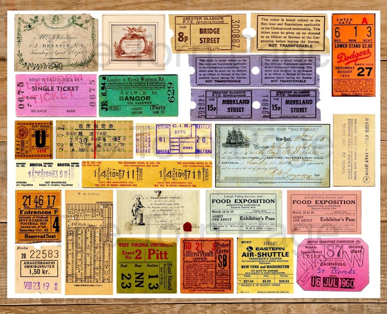 May include: A collection of vintage tickets and passes, including a baseball ticket for the Dodgers, a train ticket for the Southern Victoria Co., and a ticket for a food exposition. The tickets are printed on various colored paper and feature different designs and fonts.
