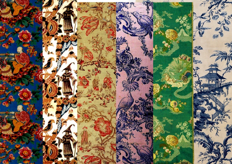Puede incluir: Un collage de seis muestras de tela diferentes con varios patrones. Las muestras presentan dise&ntilde;os florales, p&aacute;jaros y formas geom&eacute;tricas en una variedad de colores, incluyendo azul, verde, rojo y blanco.
