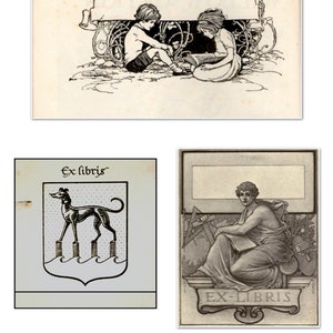 May include: Two black and white illustrations of bookplates. The first features a stylized dog standing on four pillars with waves below. The second features a woman sitting with a book and a compass. Both bookplates have the text "Ex libris" in a decorative font.