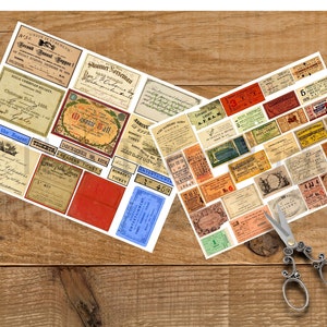 May include: Two sheets of vintage-style paper with various tickets and labels printed on them. The tickets and labels are in different colors, including red, blue, green, and yellow. The paper is on a wooden surface.