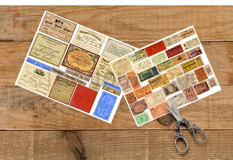 May include: Two sheets of vintage-style paper with various tickets and labels printed on them. The tickets and labels are in different colors, including red, blue, green, and yellow. The paper is on a wooden surface.
