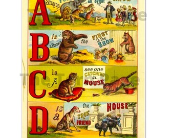Vintage Animal Alphabet Flashcards, Shabby Chic Digital Collage Papers, Vintage Printables, Instant Download