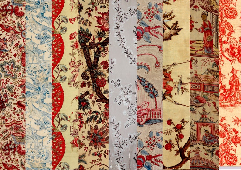 Puede incluir: Una colecci&oacute;n de ocho muestras de tela con varios patrones florales y chinoiserie en tonos rojos, azules y blancos. Las telas est&aacute;n dispuestas verticalmente, mostrando una variedad de dise&ntilde;os y texturas.
