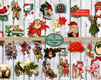 Puede incluir: Una colección de 25 imágenes navideñas vintage, que incluyen Papá Noel, renos, muñecos de nieve, poinsettias y niños cantando villancicos. Las imágenes son perfectas para scrapbooking, creación de tarjetas y otros proyectos de manualidades.