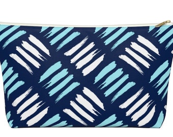 This Blue and white hashed Makeup Bag is a great zipper pouch, cosmetic bag, or Pencil Pouch with a T-Bottom