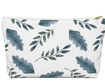 This Blue leaf Print Makeup Bag is a great zipper pouch, cosmetic bag, or Pencil Pouch with a T-Bottom