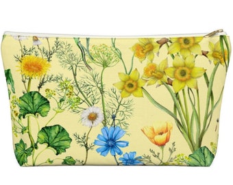 This Yellow Flower Print Makeup Bag is a great zipper pouch, cosmetic bag, or Pencil Pouch with a T-Bottom