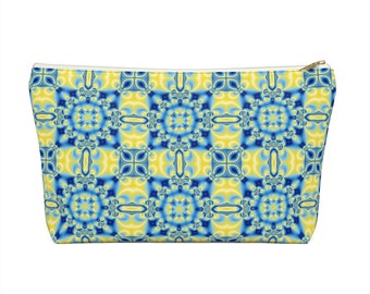 Mid Century Yellow and Blue Print Makeup Bag is a great zipper pouch, cosmetic bag, or Pencil Pouch with a T-Bottom