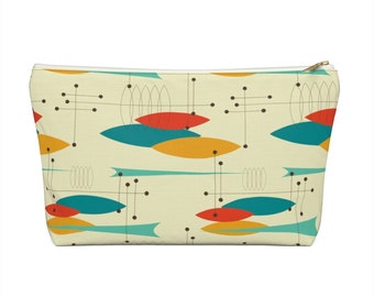 Mid Century Modern Yellow, with Blue, Red and Orange Print Makeup Bag is a great zipper pouch, cosmetic bag, or Pencil Pouch with a T-Bottom