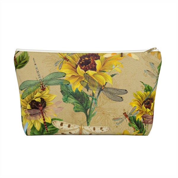 Dragonfly and Sunflower Print Makeup Bag è un ottimo sacchetto di cerniera, borsa cosmetica o borsa a matita con T-Bottom