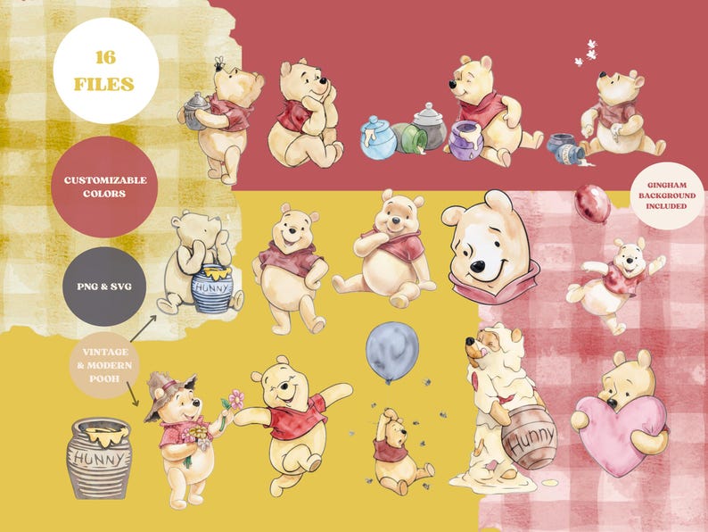 Modern Pooh Graphics Watercolor Winnie the Pooh Digital Kit PNG/SVG Clipart - Etsy