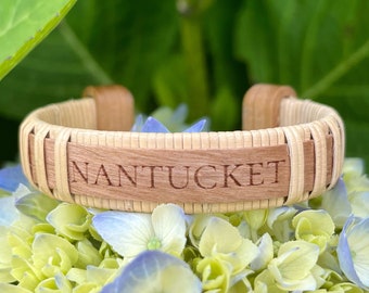 Laser Engraved Nantucket Cuff Bracelet - Cherry Wood & Woven Design