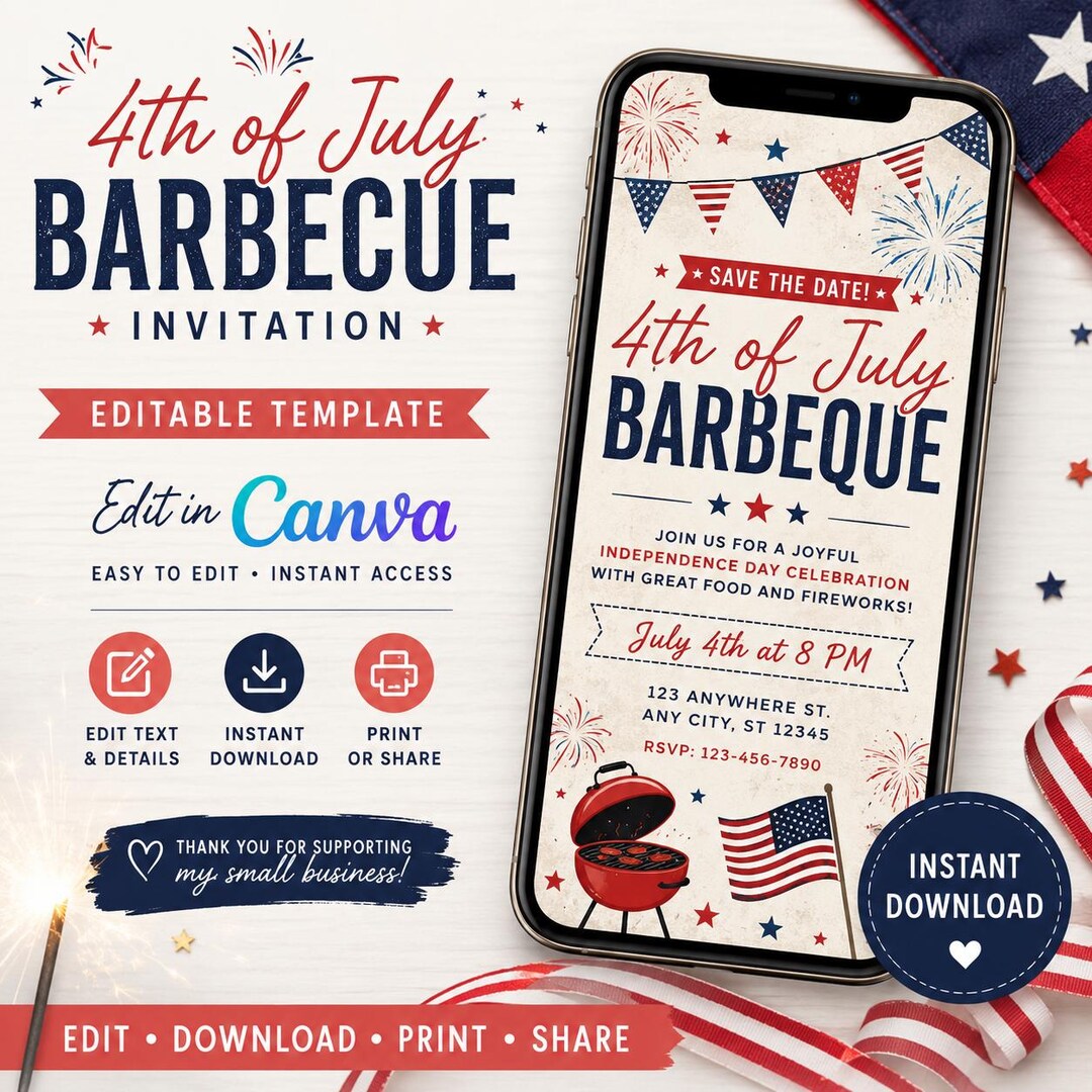 Editable 4th of July BBQ Invitation Template (canva) | Patriotic Summer ...