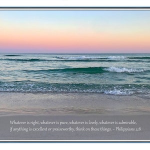 Framed Beach Sunset, Ocean Photography, Religious Wall Art, Christian Decor, Philippians 4.8, Bible Verses, Godly Gifts, Whatever Is Lovely