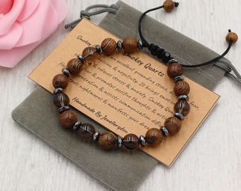 SMOKEY QUARTZ WENGE Wood Bracelet Adjustable Handmade With Gift Bag & Card Crystal Gemstone 8 mm