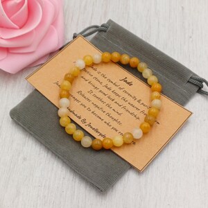 Bracelet extensible en jade jaune fait main avec pochette cadeau et carte, pierre précieuse en cristal de 6 mm
