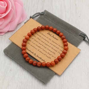 Bracelet en JASPE ROUGE extensible fait main avec sac cadeau et carte en cristal de 6 mm