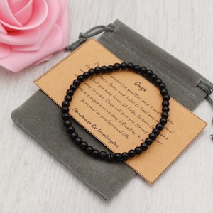 Bracelet extensible en onyx noir, fait main, avec pochette cadeau et carte, pierre précieuse en cristal de 4 mm