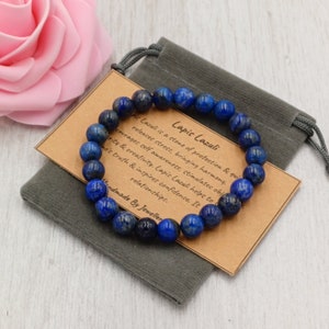 Bracelet extensible en lapis-lazuli, fait main, avec pochette cadeau et carte, pierre précieuse en cristal de 8 mm