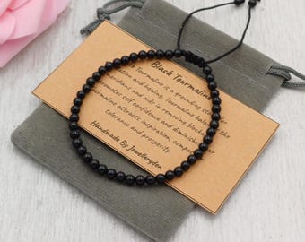 Pulsera delicada de turmalina negra de 4 mm, ajustable, hecha a mano, con bolsa de regalo y tarjeta. Piedra preciosa de cristal.