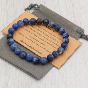 Bracelet extensible en sodalite africaine, fait main, avec pochette cadeau et carte, pierre précieuse en cristal de 8 mm