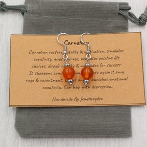 Orecchini pendenti in CORNIOLA fatti a mano con sacchetto regalo e biglietto, pietra preziosa di cristallo da 8 mm