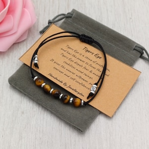 Bracelet TIGERS EYE Cordon réglable fait à la main avec sac cadeau et carte d’information Pierre précieuse en cristal 6 mm