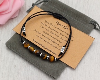 TIGERS EYE Bracelet Adjustable Cord Handmade With Gift Bag & Information Card Crystal Gemstone 6 mm
