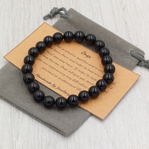 Bracelet ONYX NOIR Stretch Fit fait à la main avec sac cadeau et carte pierre précieuse en cristal 8 mm