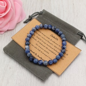 Bracelet SODALITE Stretch Fit fait à la main avec sac cadeau et carte pierre précieuse en cristal 6 mm