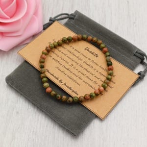 Bracelet extensible en UNAKITE fait main avec pochette cadeau et carte, pierre précieuse en cristal de 4 mm