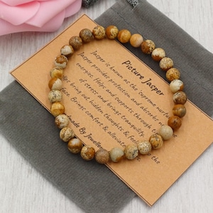 Bracelet en jaspe photo extensible fait main avec sac cadeau et carte en cristal de 6 mm