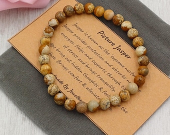 PICTURE JASPER Bracelet Stretch Fit Handmade With Gift Bag & Card Crystal Gemstone 6 mm