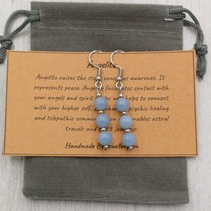 Orecchini pendenti ANGELITE fatti a mano con sacchetto regalo e biglietto, pietra preziosa di cristallo da 6 mm