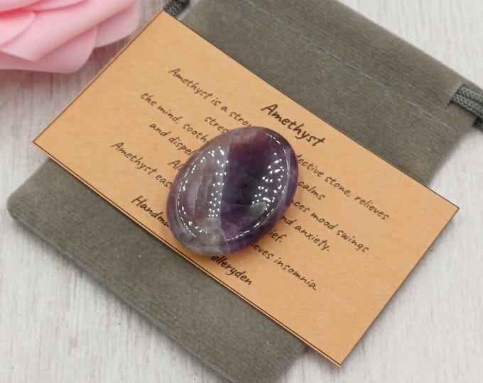 AMETHYST Palm Worry Stone Crystal Gemstone With Gift Bag & Card
