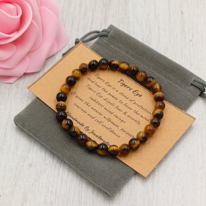 TIGERS EYE Bracelet Stretch Fit Fait à la main avec sac cadeau et carte Pierre précieuse en cristal 6 mm