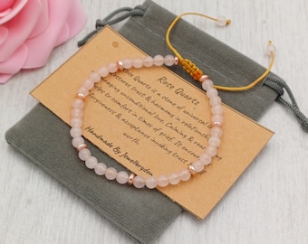 Braccialetto delicato in quarzo rosa da 4 mm, regolabile, fatto a mano con sacchetto regalo e biglietto. Pietra preziosa di cristallo.