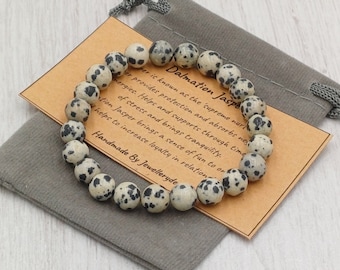 DALMATISK JASPER Armband Stretch Passform Handgjort Med Presentpåse & Kort Kristall Ädelsten 8 mm