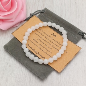 Bracelet en jade blanc extensible fait main avec pochette cadeau et carte, pierre précieuse en cristal de 6 mm