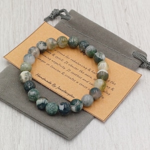 Bracelet TREE AGATE Stretch Fit fait à la main avec sac cadeau et carte pierre précieuse en cristal 8 mm