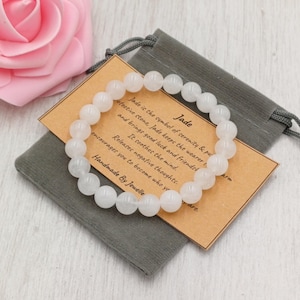 Bracelet en jade blanc extensible fait main avec pochette cadeau et carte, pierre précieuse en cristal de 8 mm