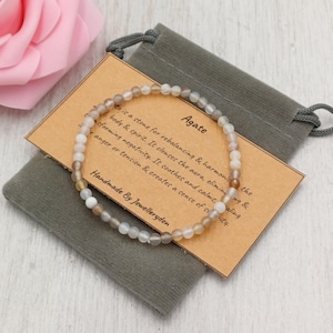 Bracelet extensible en agate du Botswana, fait à la main, avec pochette cadeau et carte, pierre précieuse en cristal de 4 mm